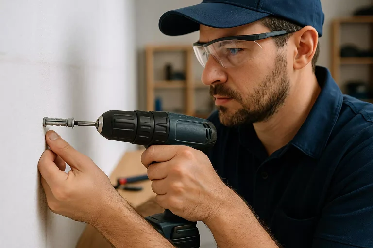 Fixation d’une cheville adaptée dans un mur en carreaux de plâtre par un professionnel pour une installation solide et durable.