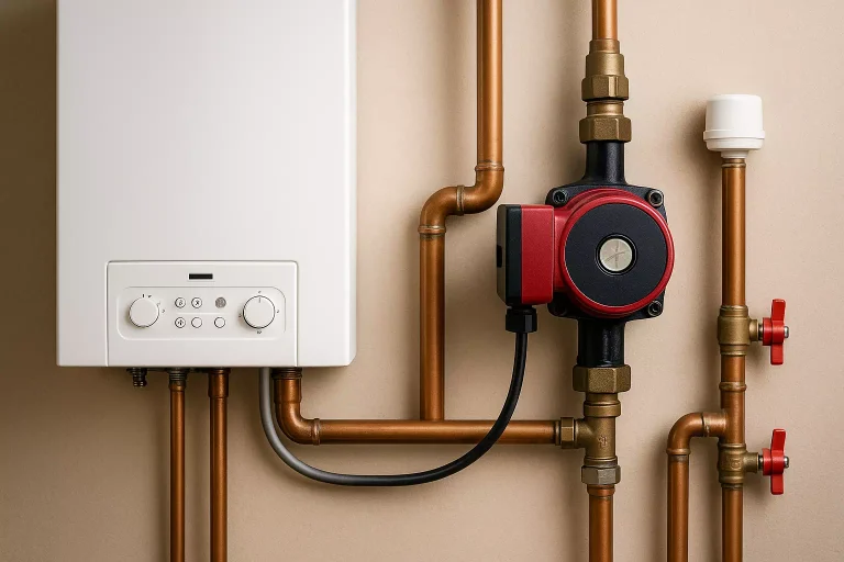 Circulateur pour chauffage installé sur un réseau central avec tuyauterie moderne et chaudière, symbole d’entretien et d’optimisation énergétique