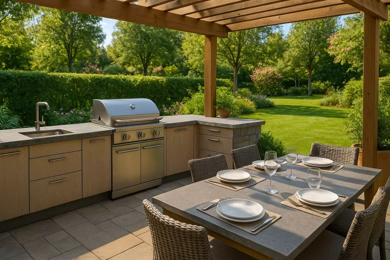 Cuisine extérieure moderne avec plancha et pergola dans un jardin convivial