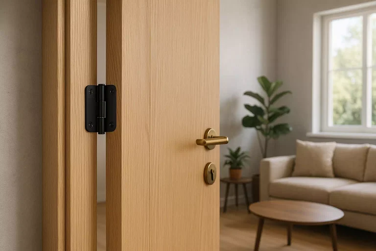 Gonds de portes décoratifs apparents sur une porte moderne en bois dans un salon design