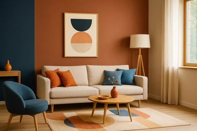Intérieur moderne montrant comment mélanger les couleur en décoration avec des teintes harmonieuses et équilibrées