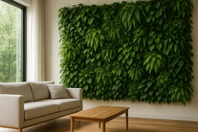 Mur végétal intérieur moderne apportant une touche naturelle et élégante à la décoration d’un salon lumineux