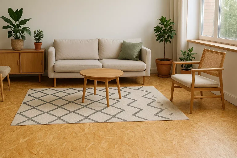 Plancher en OSB décoratif dans un salon scandinave lumineux avec tapis et plantes vertes