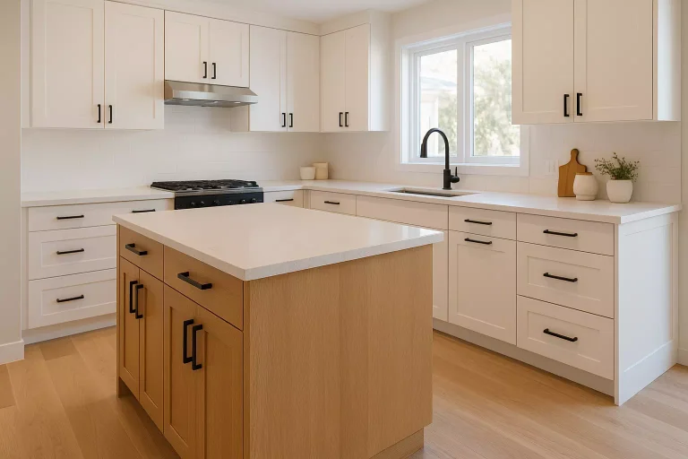 Poignées pour meubles de cuisine noires sur façades blanches et bois clair dans une cuisine moderne lumineuse