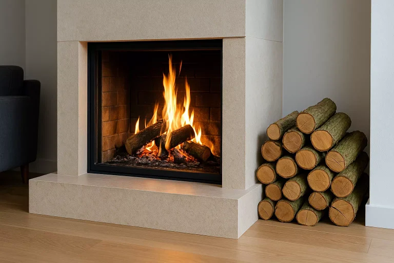Feu de cheminée avec bois de laurier-sauce séché et empilé à côté du foyer