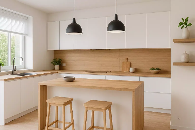Cuisine blanche et bois moderne avec îlot central et plan de travail chaleureux