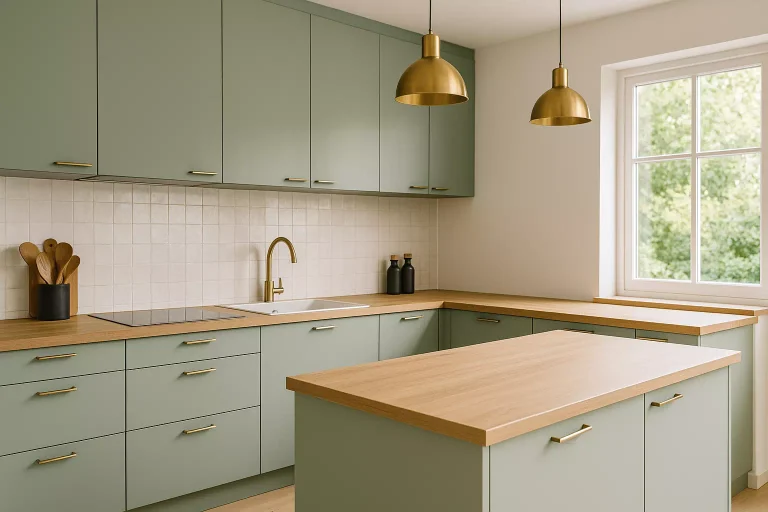 Cuisine vert sauge moderne avec meubles mats et plan de travail en bois clair