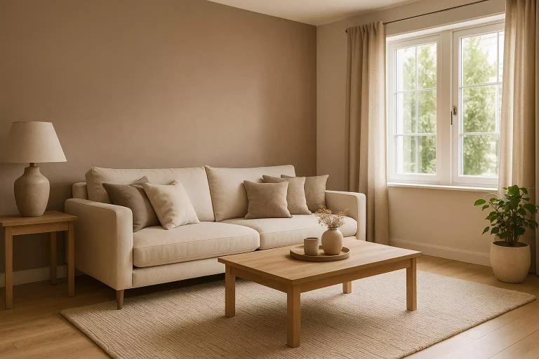 Déco salon taupe beige élégante et moderne avec canapé en lin, murs taupe et tapis beige