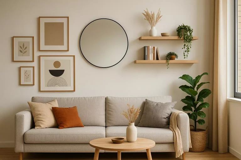 Decoration mur salon moderne avec cadres géométriques, miroir rond et étagères en bois clair dans un intérieur lumineux et harmonieux