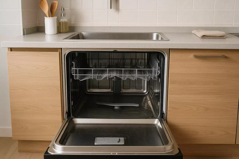 Lave-vaisselle bouché avec eau stagnante dans une cuisine moderne, problème nécessitant un déboucheur adapté