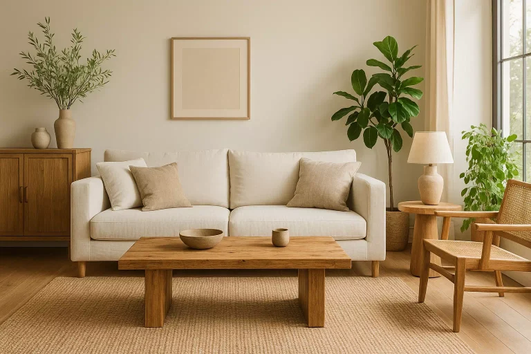 Avis et test de LdeO Intérieurs avec décoration intérieure durable et élégante mettant en valeur bois naturel, lin et ambiance chaleureuse.
