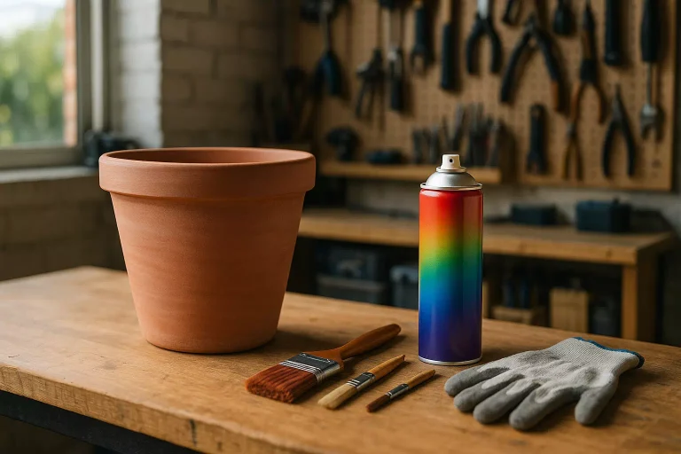Peindre le plastique avec une bombe et un pinceau sur un pot de fleurs en atelier de bricolage