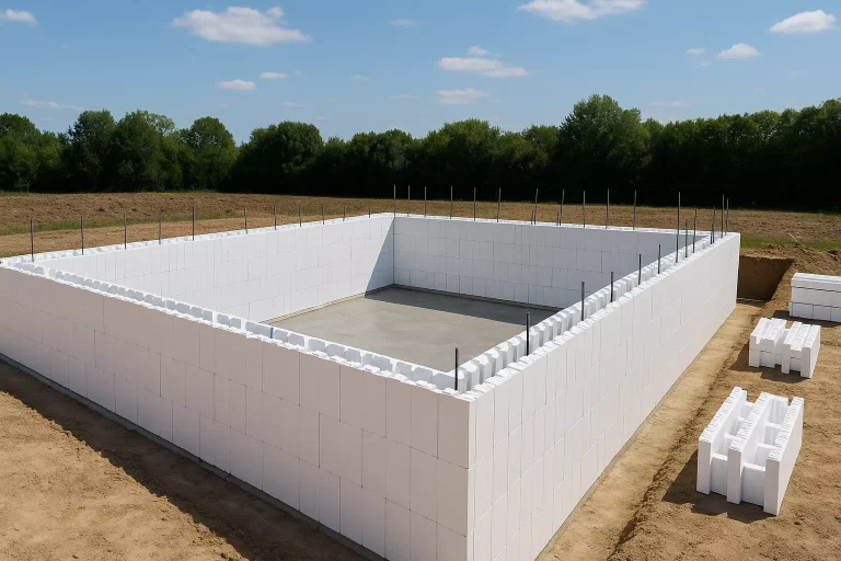 Piscine en polystyrène en construction avec blocs isolants et béton armé