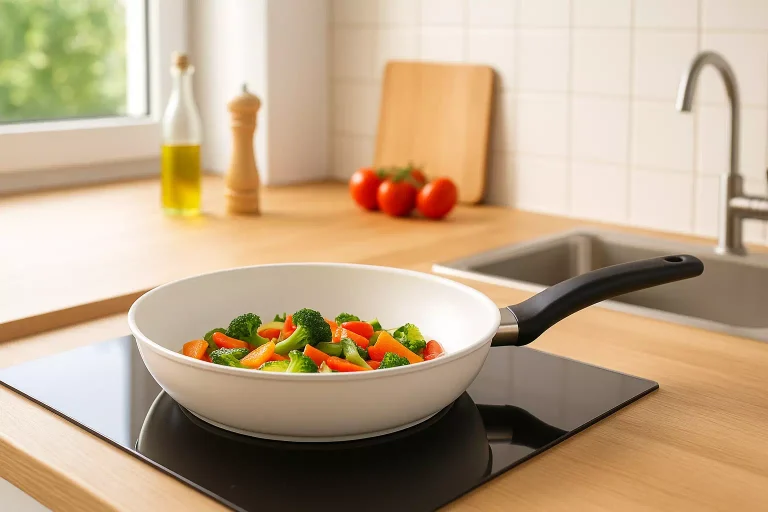 Poêle céramique moderne en cuisine avec légumes frais en cuisson saine