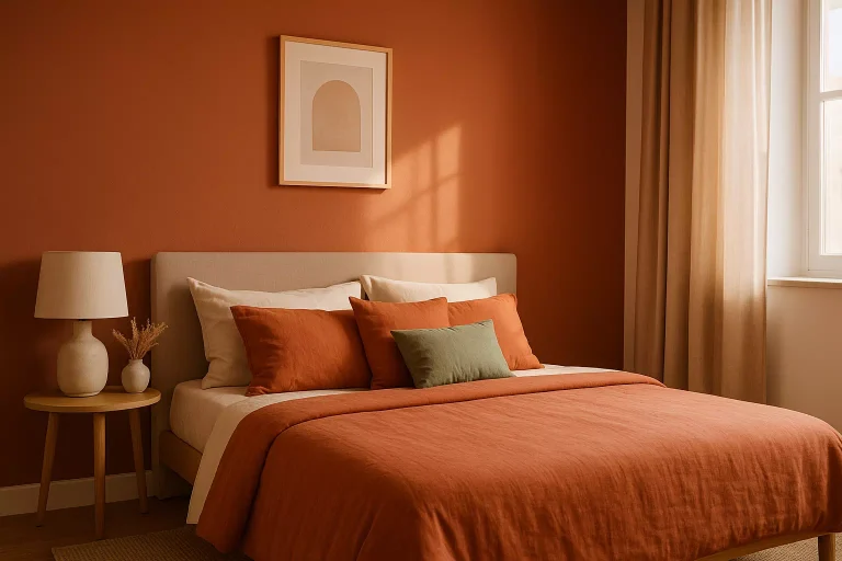 Salon moderne avec mur terracotta et décoration intérieure chaleureuse aux tons naturels et méditerranéens