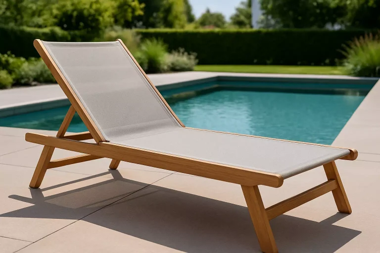 Toile bain de soleil résistante installée sur un transat en bois au bord d’une piscine moderne