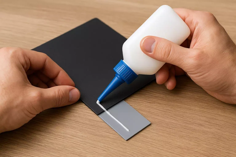 main appliquant de la colle sur deux pièces en plastique pour un collage solide et durable