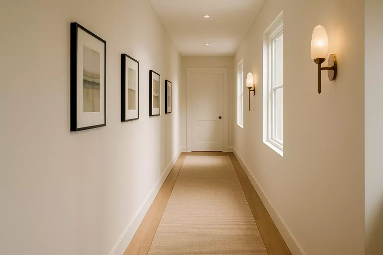 Décoration de couloir moderne et lumineuse avec murs clairs, tapis beige et éclairage chaleureux