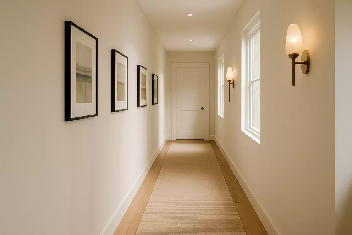Décoration de couloir moderne et lumineuse avec murs clairs, tapis beige et éclairage chaleureux