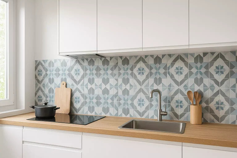 crédence en carreaux de ciment dans une cuisine moderne lumineuse avec plan de travail en bois clair