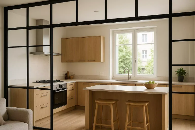 Cuisine moderne lumineuse avec verrière atelier en acier noir séparant l’espace du salon