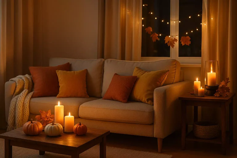 Décoration automnale d’un salon cosy avec bougies, coussins terracotta et ambiance cocooning chaleureuse