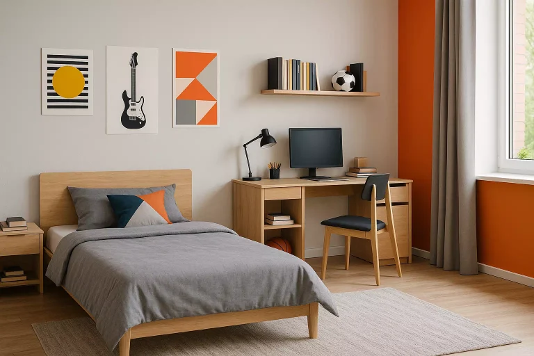 Idées de déco pour une chambre d’adolescent moderne avec espace bureau et couleurs apaisantes