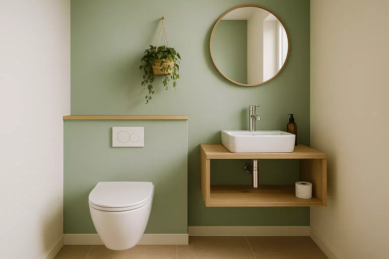 Aménagement déco d’un petit WC moderne avec tons clairs, miroir rond et touches naturelles