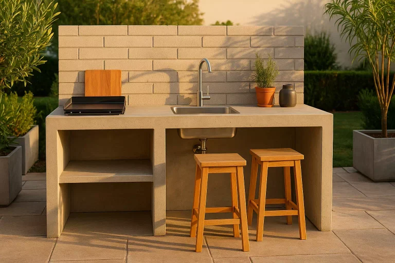 Cuisine extérieure en béton moderne sur terrasse avec plan de travail, plancha et évier inox
