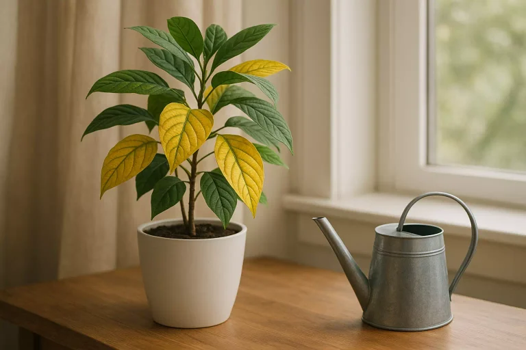 Feuille qui jaunisse sur une plante d’intérieur éclairée par la lumière naturelle près d’une fenêtre