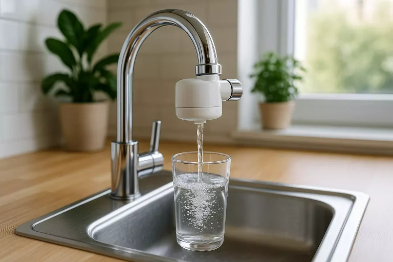 Filtre eau robinet installé sur évier moderne pour purifier l’eau du quotidien