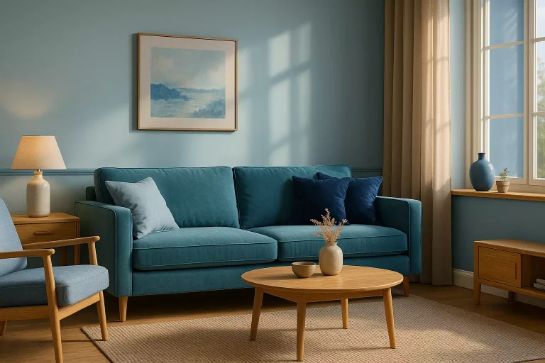 Salon moderne décoré avec différentes nuances de bleu pour une ambiance élégante et harmonieuse
