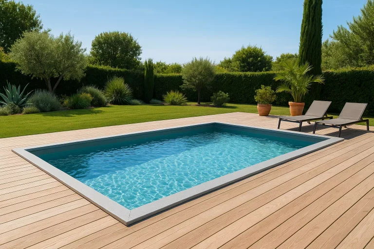 Piscine enterrée en acier dans un jardin contemporain avec terrasse bois et transats design