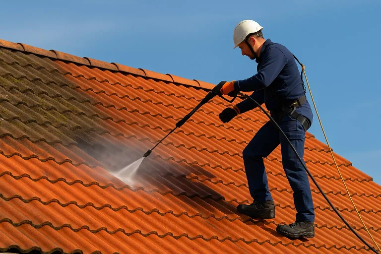 Artisan effectuant le nettoyage d’une toiture de 100 m² en tuiles avec jet d’eau sous pression pour éliminer mousse et salissures.