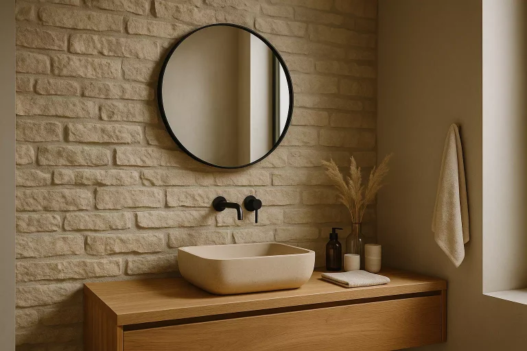 Salle de bain élégante avec mur en pierre naturelle et décoration contemporaine chaleureuse