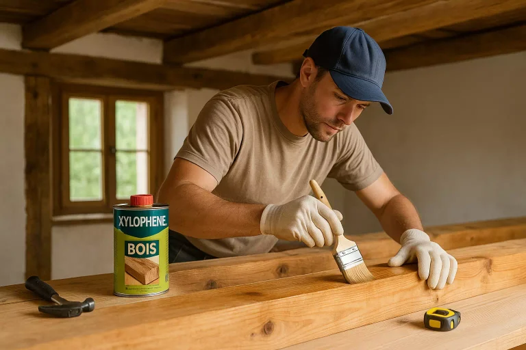 Application de Xylophène bois sur poutres et boiseries pour une protection durable contre insectes et champignons.