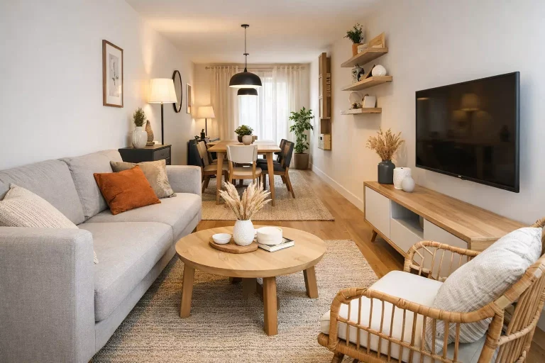 Aménagement d’un salon en longueur avec canapé, table basse et espace repas bien délimité dans une pièce étroite et lumineuse
