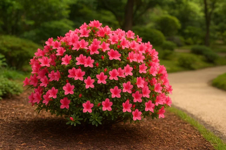 azalée du japon en pleine floraison dans un jardin zen