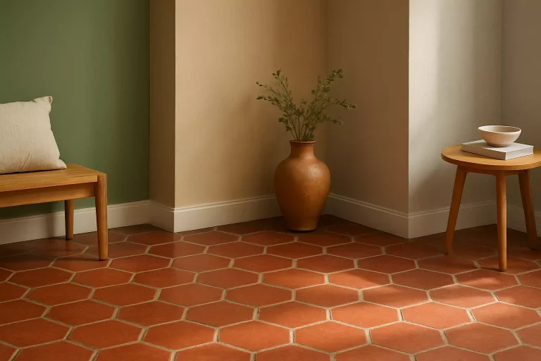Image d’un intérieur lumineux avec un sol en tomette rouge et des couleurs murales harmonieuses.