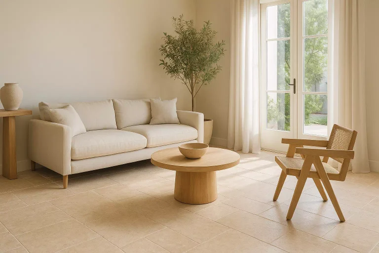 Salon lumineux avec sol en travertin beige clair et décoration naturelle en bois et lin