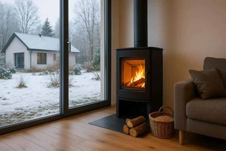 Poêle à bois allumé dans une maison de Chauny illustrant le savoir-faire de l’entreprise Laboue spécialisée en chauffage bois et granulés
