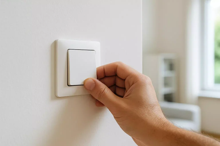Installation d’un interrupteur à la bonne hauteur selon la norme électrique NF C 15-100 dans une maison moderne.