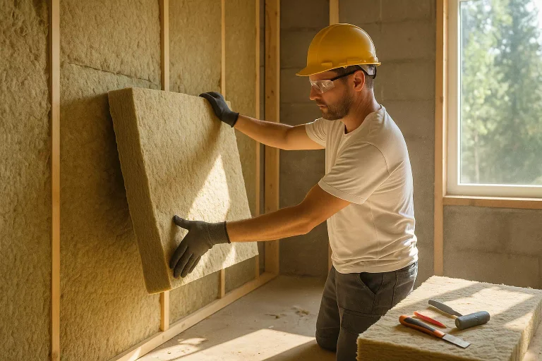 Artisan posant des panneaux rigides de laine de roche pour l’isolation thermique et acoustique d’une maison moderne