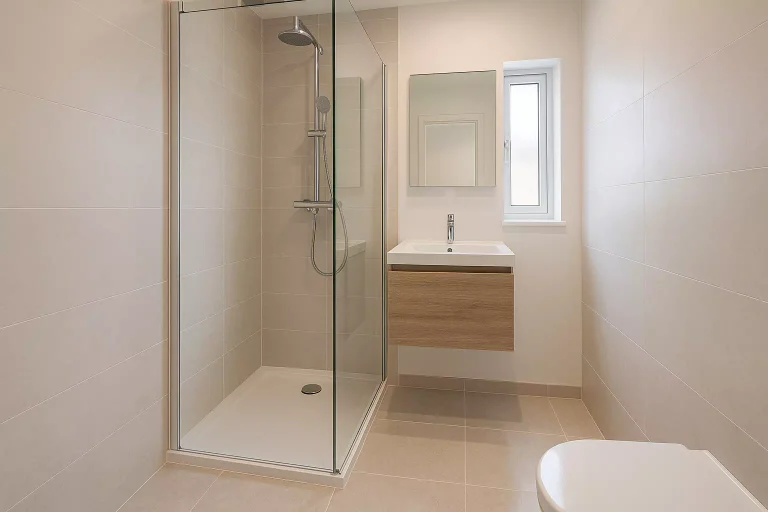 petite salle de bain 3m2 moderne avec douche transparente et meuble suspendu