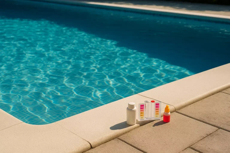 Analyse du pH piscine avec vue d’une eau claire et matériel de test posé au bord du bassin.