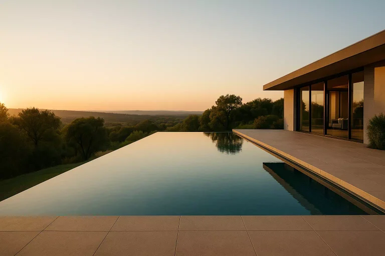 Piscine à débordement moderne offrant une vue panoramique sur le paysage avec reflets et architecture contemporaine