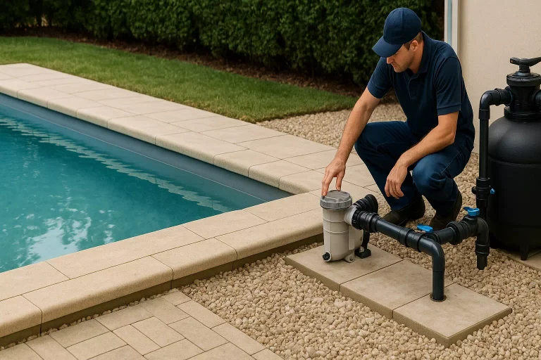 piscine avec pompe en panne et inspection de la zone de filtration