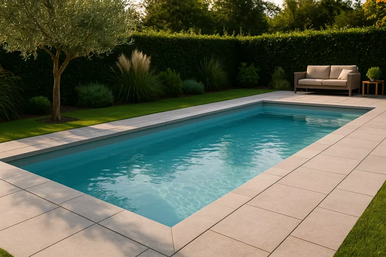 piscine coque moderne dans un jardin contemporain avec bassin bleu clair