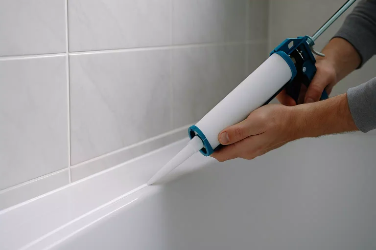application d’un nouveau joint de salle de bain sur carrelage propre avec silicone blanc