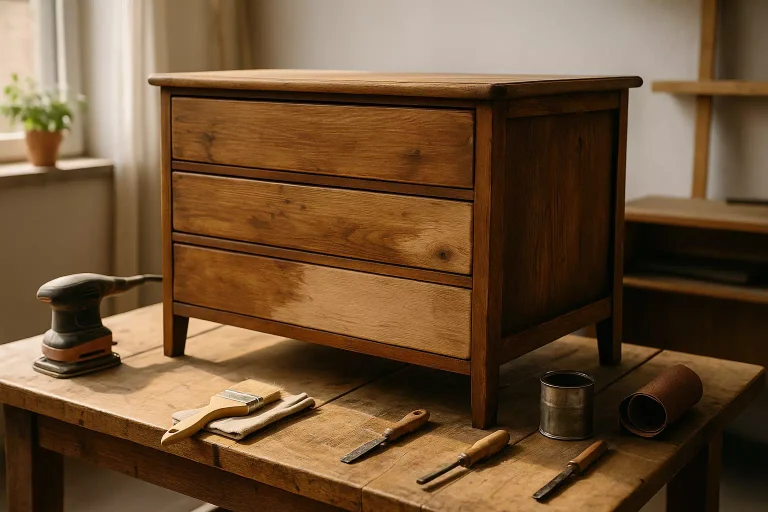 rénovation d’un meuble en bois dans un atelier lumineux